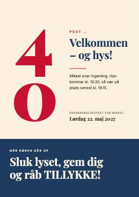 Overraskelsesfest — velkomstskilt med stort 40