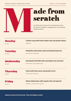 School kitchen — weekly lunch menu