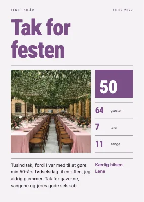 50-års fødselsdag — takkekort med foto og tal