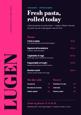 Takeaway menu — fresh pasta