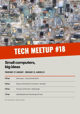 Tech meetup in Aarhus — signal-red banner