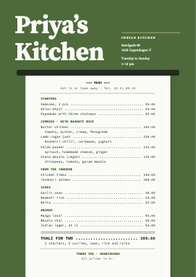 Indian restaurant — receipt menu