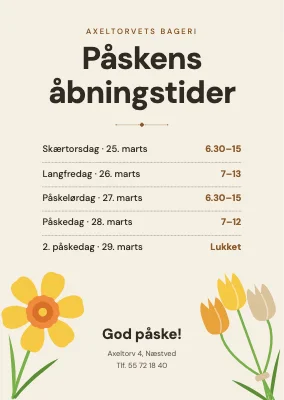 Påskens åbningstider — bageri med påskeliljer