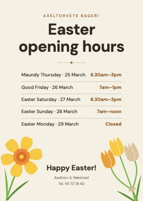 Easter opening hours — bakery with daffodils