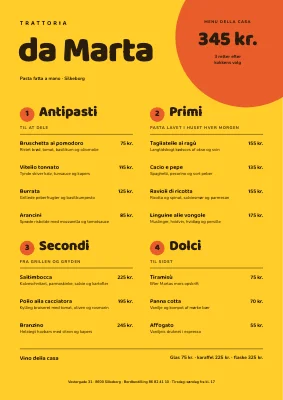 Trattoria — italiensk menukort