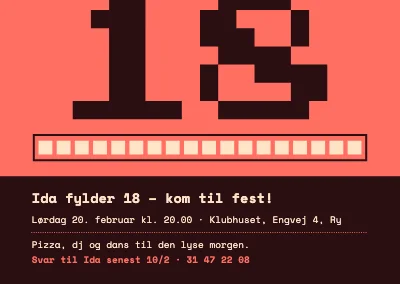 18-års fødselsdag — invitation med pixel-18