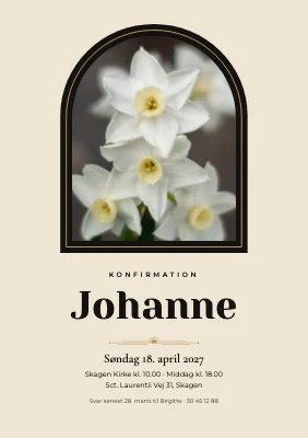 Konfirmationsinvitation — sort buevindue med narcisser