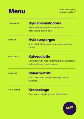 Side 2 af Konfirmationsmenu — tulipantryk på neonlime