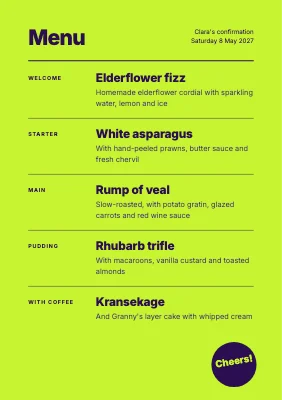 Page 2 of Confirmation menu — tulip print on neon lime
