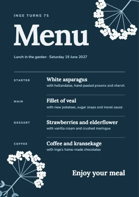 75th birthday — menu card with elderflower