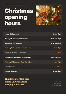 Christmas opening hours — shop sign with photo