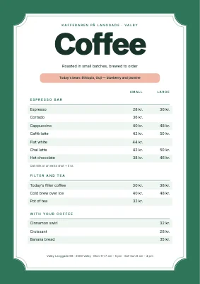 Coffee bar — price list with small and large