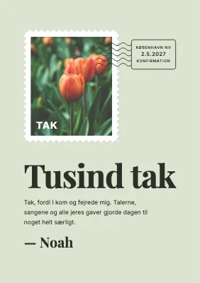 Takkekort til konfirmation — frimærke og poststempel