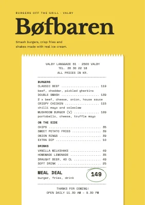 Burger menu as a till receipt