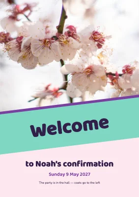 Confirmation — pastel welcome sign with a slanted band