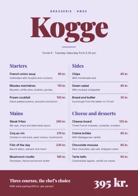 Brasserie — à la carte in two columns